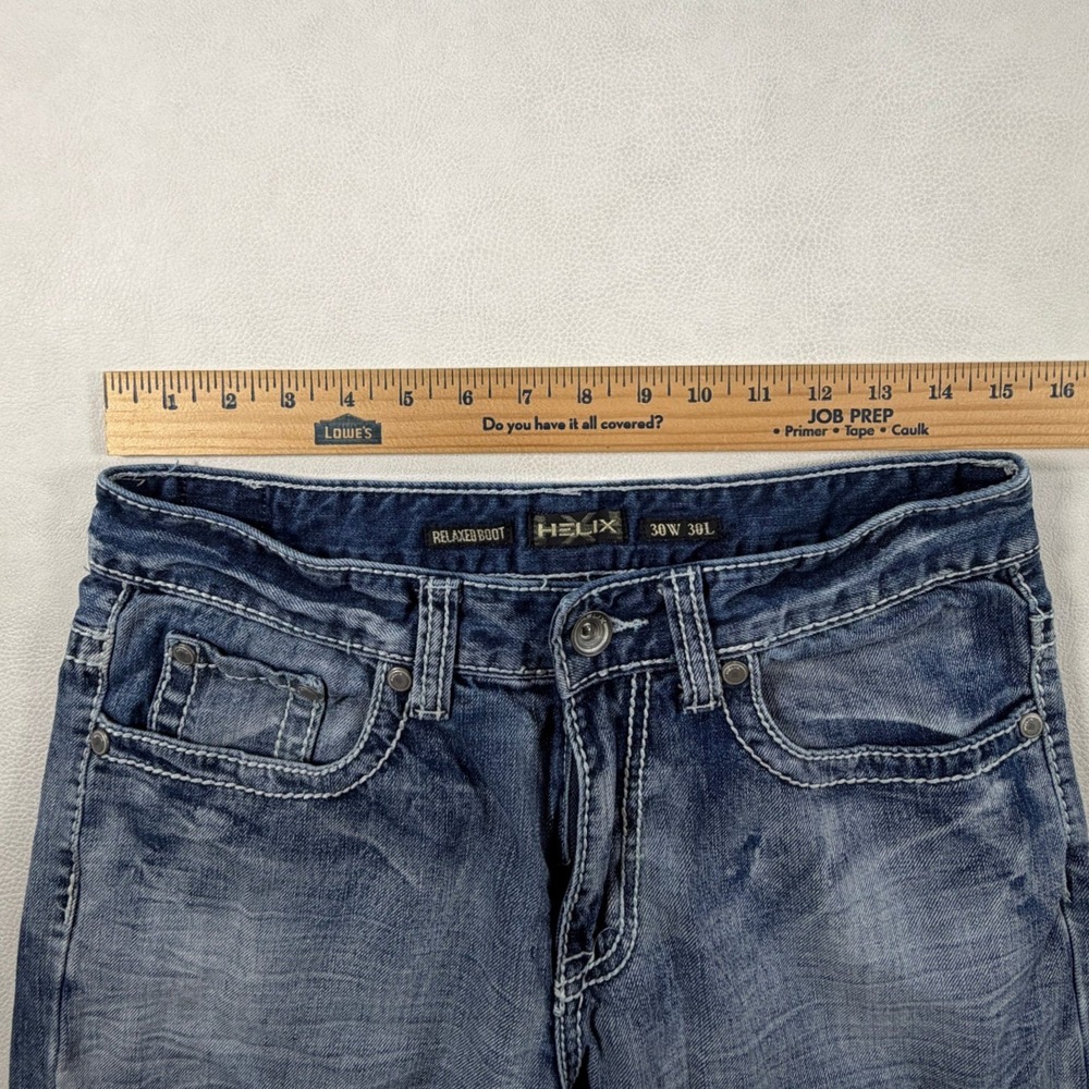 Helix Relaxed Boot Jeans Mens 30x30 Blue Denim Distressed Iron Cross Pockets Y2K - Picture 4 of 15